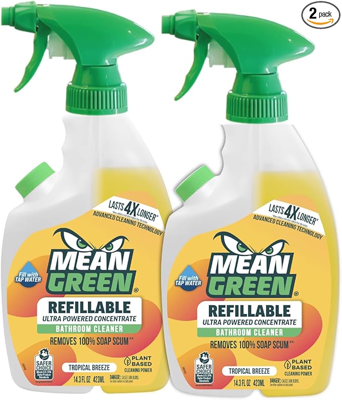 Mean Green Refillable Ultra Powered Bathroom Cleaner Concentrate Tropical Breeze 14.3 fl oz (2-Pack) – Plant &amp Mineral Based Removes 100% of Soap Scum Refillable Bottle Makes 4X Refills
