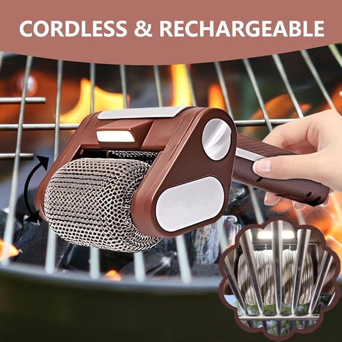 Electric Grill Cleaner Bristles Free304 Stainless Steel Power Roller Blasts Away Burnt-On Food 350 RPM High Speed Cleaningfor Outdoor BBQ