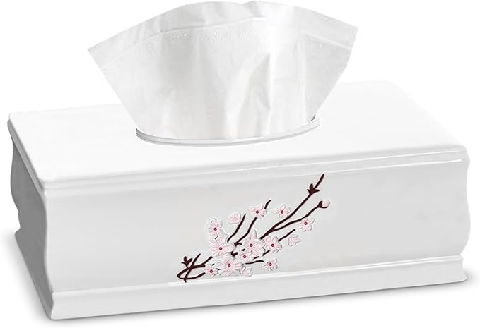 Creative Scents Vanda Rectangle Tissue Box Cover - Decorative Cherry Blossom Tissue Holder for Bathroom - White Tissue Box Holder Rectangular with Durable Bottom Slider - White Bathroom Accessories