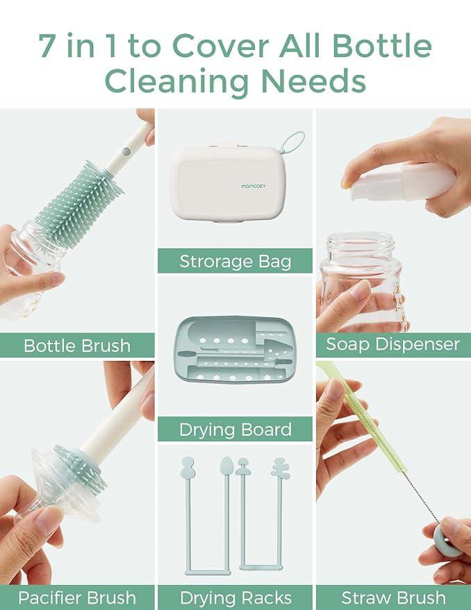 Momcozy Bottle Brush Set - Baby Bottle Cleaner Kit with Silicone Brush Nipple Brush Straw Brush Soap Dispenser Drying Rack - 7 in 1 Bottle Cleaning Tool for Home and Travel Green (Pack of 2)