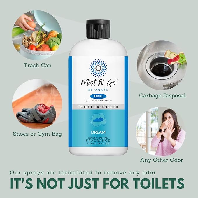 Mist N' Go by OMAZE Bathroom Odor Spray for Toilet Spray Refill Bottle - Multitasking Toilet Spray - Bathroom Spray Odor Eliminator for Strong Odors | Dream 16oz (2 Pack)
