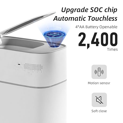 MOPALL Small Bathroom Trash Cans with LidsMotion Sensor Bathroom Trash CanNarrow Waterproof Plastic 3.5 Gallon Automatic Adsorption Touchless Garbage CanWhite