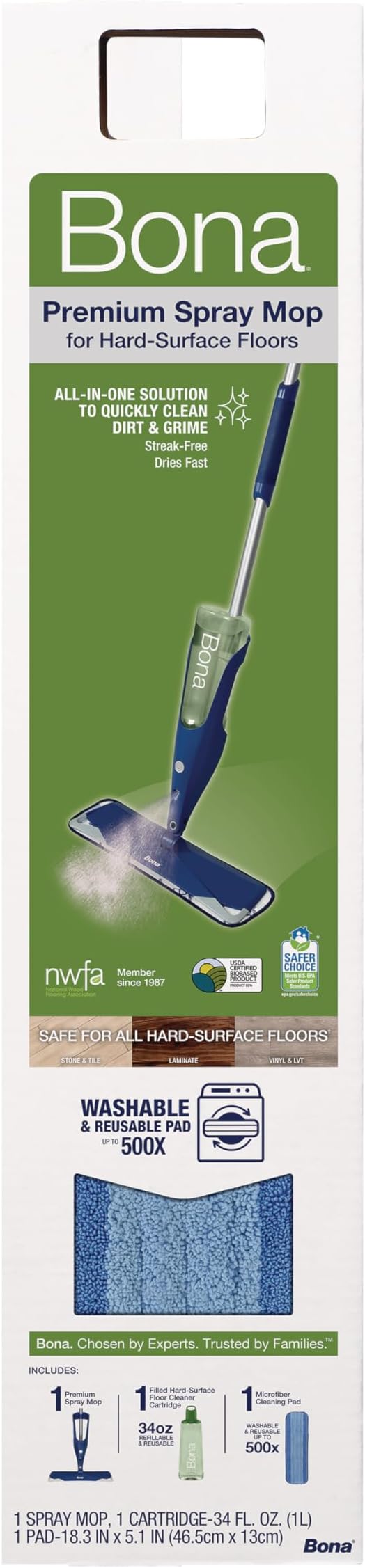 Bona Premium Motion Multi-Surface Floor Spray Mop - Includes Multi-Surface Floor Cleaning Solution and Machine Washable Microfiber Cleaning Pad - for Stone Tile Laminate and Vinyl Floors