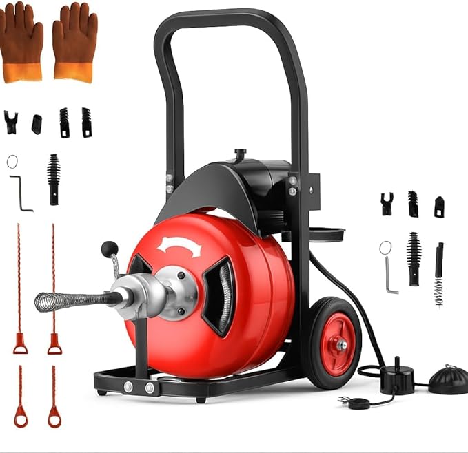 75Ft Drain Cleaning Machine 450w Portable Drain Auger with Wheels 1/2 Auto-Feed Drain Snake with 4 Cutters Electric Sewer Auger for Sink Toilet Floor Drain