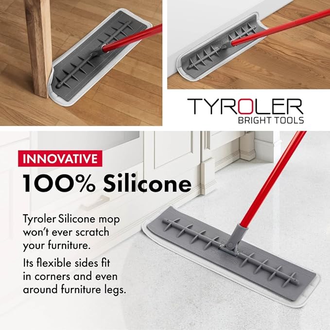 Tyroler Microfiber Floor Mop 100% Silicone Won't Scratch Furniture. Long Aluminum Anti-Rust Handle Fit to Hardwood Walls Laminate Parquet &amp Tile - 2 Free Microfiber Pads (Dark Gray)