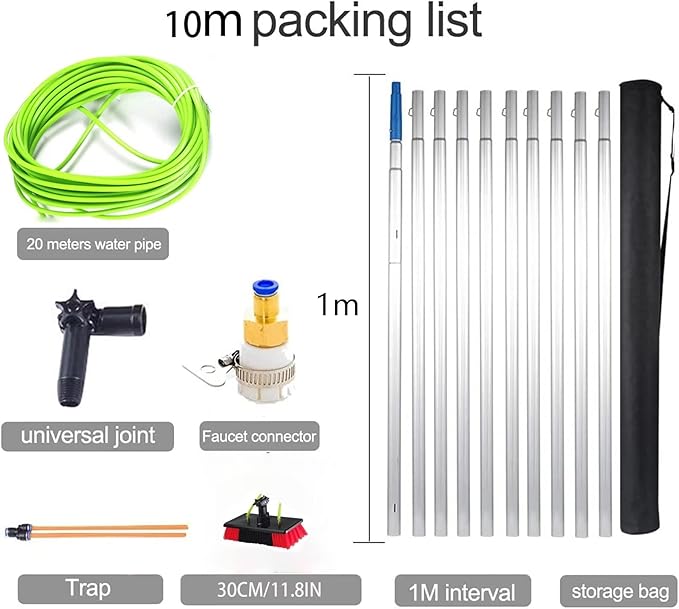 5m-12m Window Cleaning Pole Window Cleaner Kit Water/Hose Fed Pole Window Cleaning Brush Equipment Cleaning Photovoltaic and Solar Panels/ 10m Rod / 30cm Brush Head