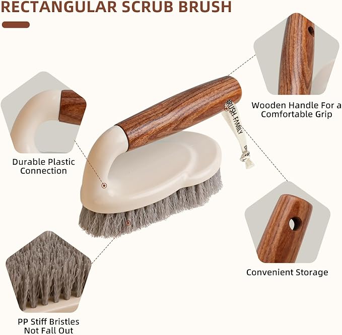 4-Pack Heavy Duty Scrub Brushes Set with Wooden Handles Triangle &amp Square Floor Scrubber Dish Brush Grout Cleaner for Kitchen Bathroom Tile Carpet &amp Stubborn Stains Removal