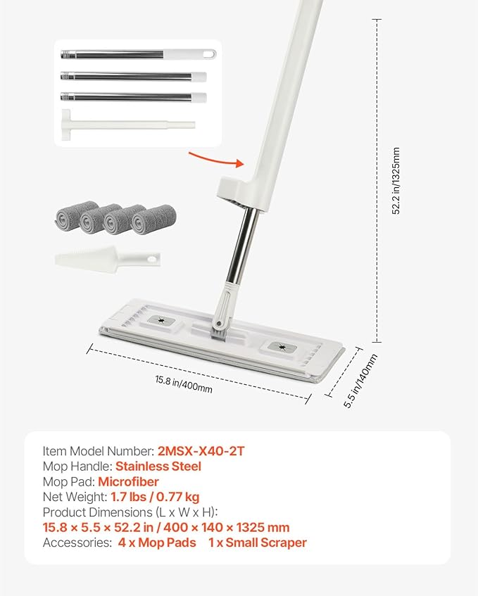 Happybuy Microfiber Flat Mop with Self-Wringing Handle – Includes 4 Washable Pads for Wet/Dry Cleaning on Tile Laminate &amp Hardwood Floors
