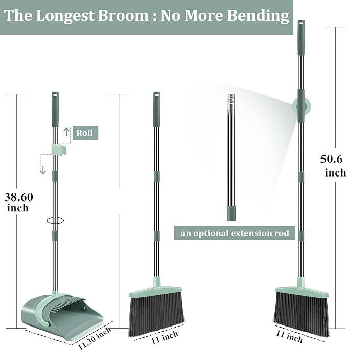 Broom and Dustpan Set for Home Dust pan with Long Handle Broom with Dustpan Combo Set for Home Kitchen Room Office Lobby Floor Use Upright Stand Up Sweeping (Gray&ampGreen)