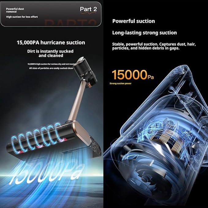 Cordless Vacuum Cleaner 15KPA Strong Suction 2-in-1 Vacuum Mop Combo with Green Light Dust Detection 3 Modes for Home Hard Floor Carpet Long Battery Life Smart LED Display (Black Gold)