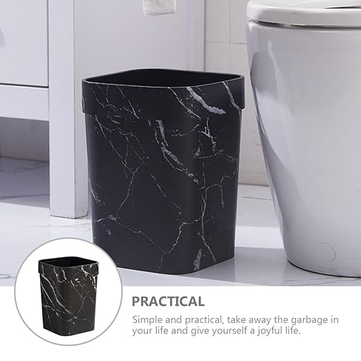 Marble Pattern Square Wastebasket 12L Plastic Garbage Bin with Lid Black Bathroom Trash Can for Residential and Hospitality Use