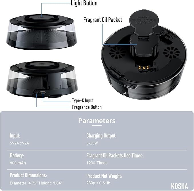 KOSHA Automobile Aroma Diffuser with LED Lights Portable Car Air Freshener Phone Base 800mAh Essential Oil Diffuser for Car &amp Home Non-Slip