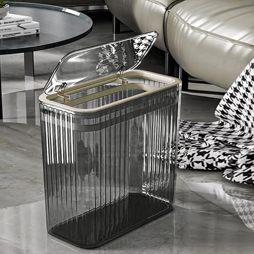 Bathroom Trash Can with Lid3.5 Gallon Garbage Canfor Bedroom Office Plastic Slim Waste Basket with Press Top Lid 15l Clear Trash Bin for Home Slim Trash Bin Clear Kitchen(Gray)