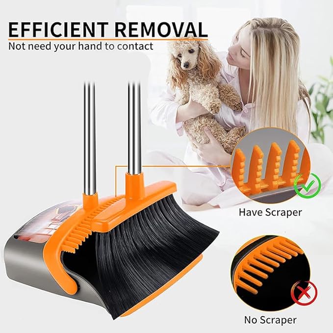 2-Pack is More economicalUpgraded Broom and Dustpanwith 52 Long Handle Dustpan Teeth with self-Cleaning Function Indoor and Outdoor Sweeping Perfect for Home Office (Large Size/Orange /2-Pack)