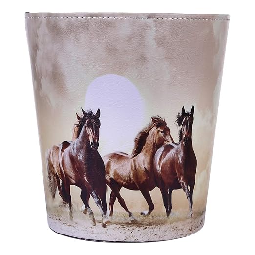 10L/2.64 Gallon PU Leather Trash Can Waterproof Decorative Paper Basket for Bedroom Bathroom - (Horse Pattern A)