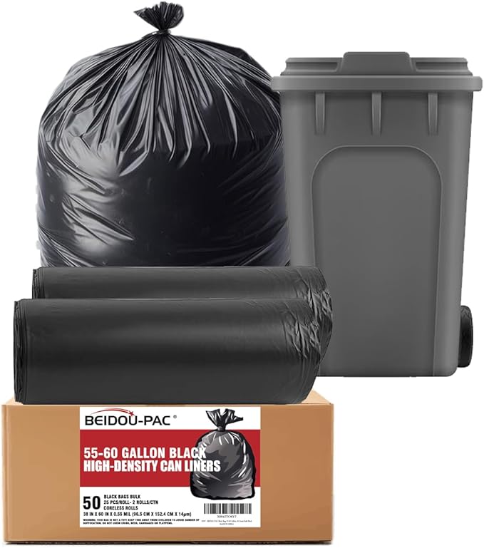 55-60 Gallon Trash Bags 50 Count Bulk Black Heavy Duty Garbage bags Multi-purpose Trash Can Bin Liners for home Commercial Outdoor Construction Industrial Lawn Leaf