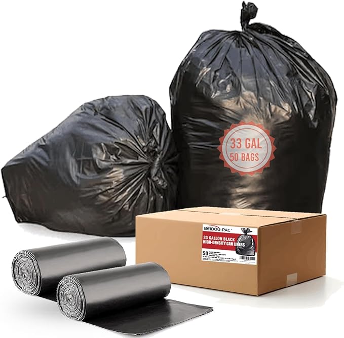33 Gallon Trash Bags 50 Count Black Garbage bags Multi-purpose Trash Can Bin Liners for Home Commercial Outdoor Construction Industrial Janitorial Municipal Lawn Leaf