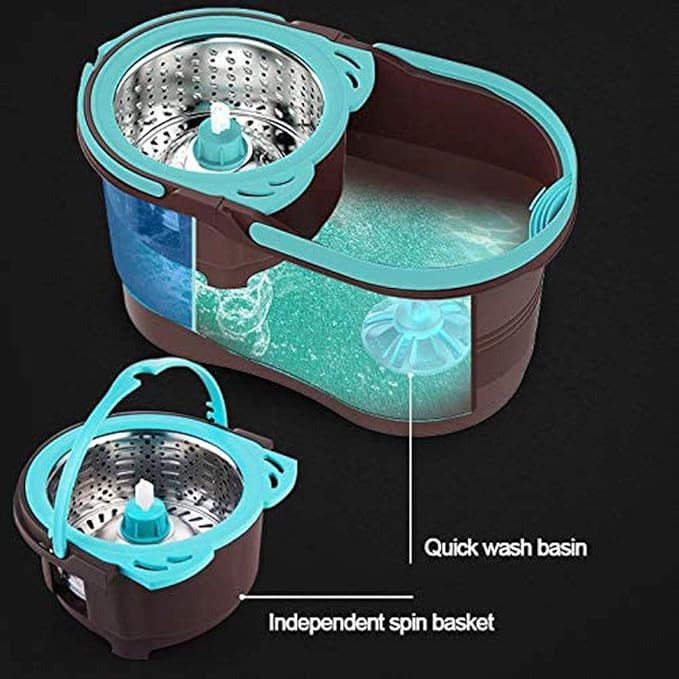Spin Mop Bucket with Wringer 360 Dry Basket with 2 Replacements Microfiber Heads and Stainless Steel Adjustable Handle for Home Floor