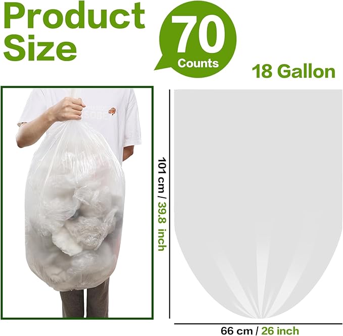 Pekky 18 Gallon Large Garbage Trash Bags Clear Yard Waste Bags 70 Counts
