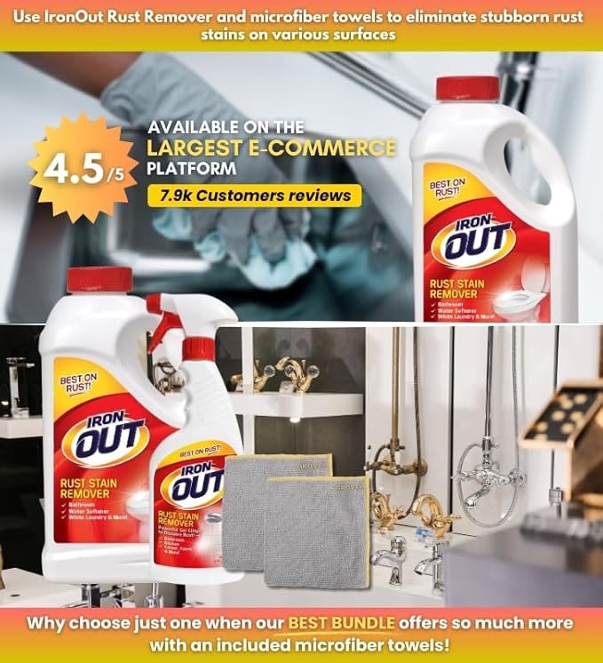 Iron Out Rust Remover Spray 16 oz + 28 oz Powder Bundle with Microfiber Cloth - Rust Stain Remover - Hard Water Toilet Stain Cleaner - Dissolves Rust on Tubs Sinks and Showers - (4 Items)