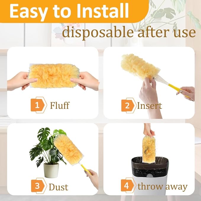 50 Count 360° Heavy Duty Duster Refills Unscented Disposable Dusters Refill Kit for Cleaning Dusting Furniture Blind Ceiling Fan with 1 Extension Retractable Pole + 1 Short Handle