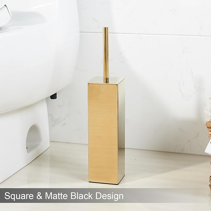 Gold Square Stainless Steel Toilet Brush with Holder 304 Modern Toilet Brush Set – Rust Resistant Long Handle Replacement Heads Floor Standing Bathroom Toilet Cleaning Brush