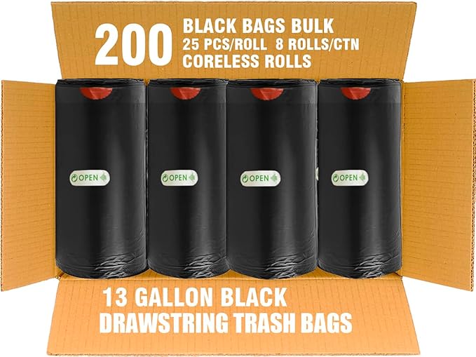 13 Gallon Trash Bags Drawstring 200 Count Bulk Black &amp Unscented Garbage Bags Multi-purpose Tall Kitchen Trash Bags Can Liners for Business Home Commercial and Industrial