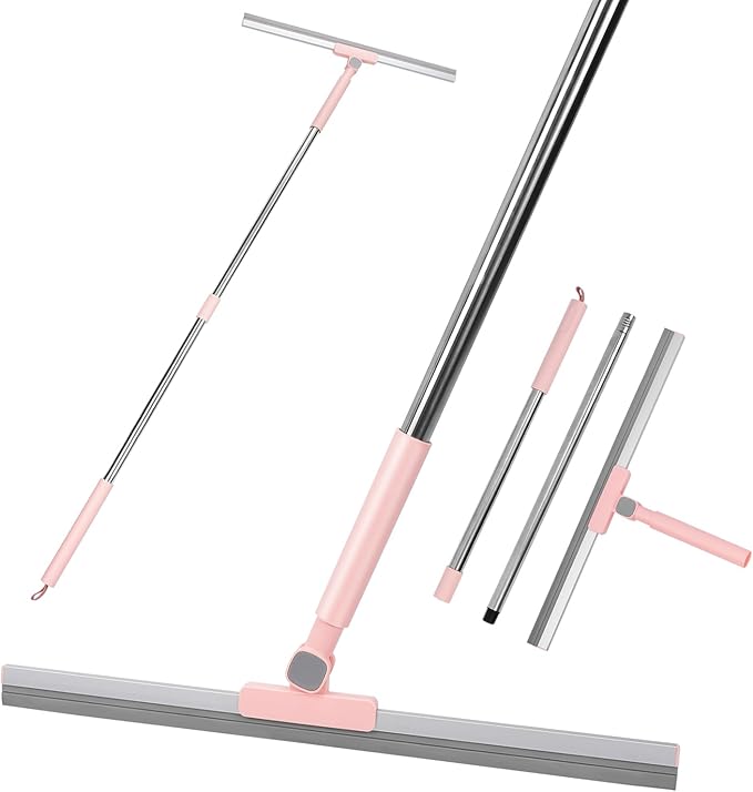 Heavy-Duty 20 Floor Squeegee &amp Silicone Broom for ConcreteTile Garage Windows Commercial Squeegee Broom with Long Handle Pet Hair Dust &amp Liquid Remover for Floors/Rugs(Pink)