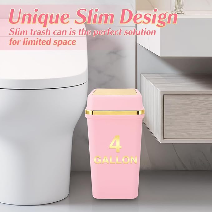 Bathroom Trash Can with Lid 4 Gallon Small Trash Can with Swing Lid White/Pink/Green Bathroom Garbage Can with 225 Counts Trash Bags for Kitchen Bedroom Office