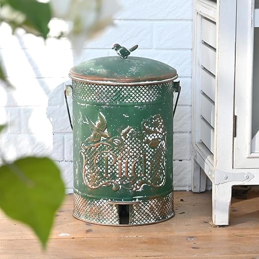 Farmhouse Garbage Can with Lid Indoor Outdoor Trash Can with Embossed Bird and Flowers PatternMetal Retro Kitchen Trash Can with Lid for Kitchen Room and Garden Decor (Green)