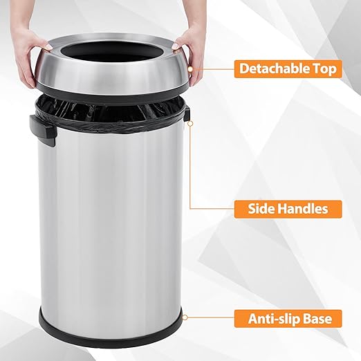 GarveeHome 17 gal/65 L Open Top Trash Can Stainless Steel Rubbish Bin Commercial Grade Waste Container Round Garbage Can for Outdoor Home Office Restaurant Silver