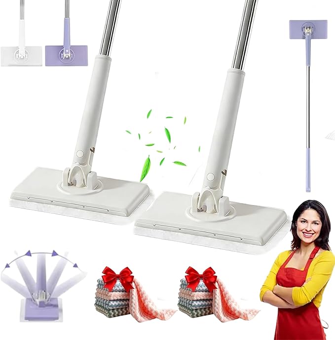 28/36in No Wash Lazy Mop Wet and Dry Snap Grip Mini Mop Zero Touch Mini Mops Convenient Automatic Cloth Changing Mops 360° Disposable Dust Mop with 5 Reusable Cloths for Home (White*2 28in)