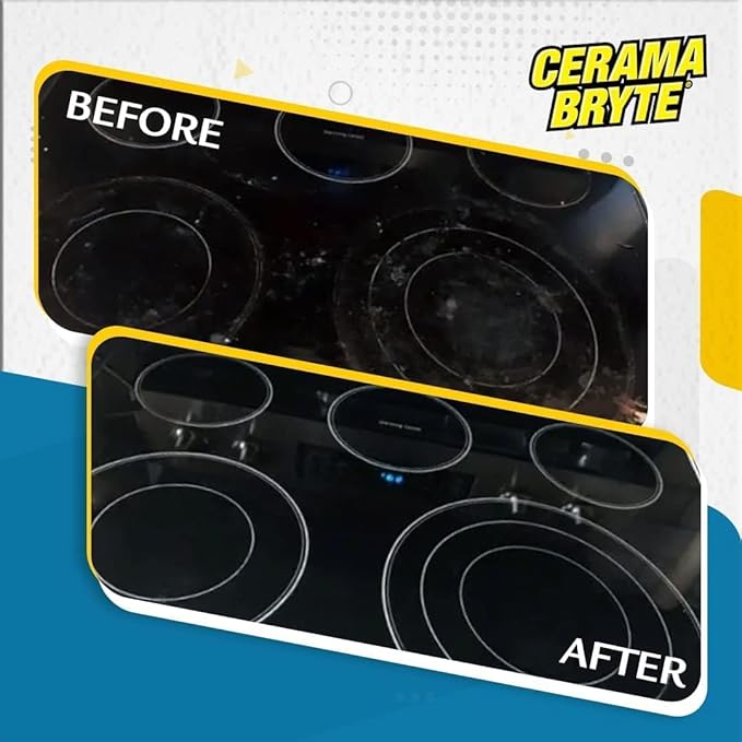 Cerama Bryte Best Value Kit: Ceramic Cooktop Cleaner 28oz Scraper 10 Pads Burnt-on Grease Remover 2oz 4 Piece Set