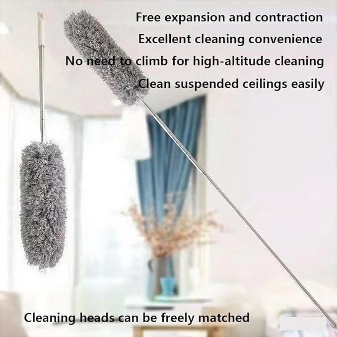 Extension Crevice Duster Microfiber dusting Cloth Retractable Handle Bendable Head Crevice Duster Cleaning Tool Set Suitable for Furniture top and Bottom Blinds etc.(7-Piece Set2.8m Pole)