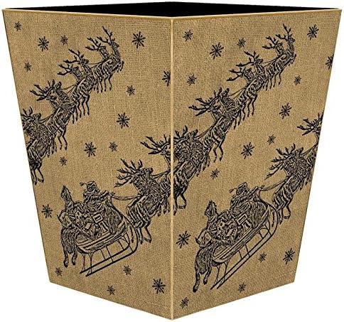 Marye-Kelley- Dash Away Burlap Wastepaper Basket Decoupage Wood Decorative Wastebasket for Kitchen Bathroom Bedroom Living Room Handmade Made in The USA