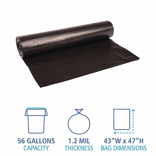 Boardwalk 518 SH-Grade Repro Can Liners 43x47 56gal 1.2mil Black 10 Bags per Roll (Case of 10 Rolls)