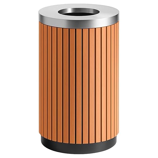 17 Gallon Round Outdoor Trash Can - Heavy Duty Steel &amp Wood Composite Commercial Decorative Garbage Bin with Open Lid Durable Park Retail &amp Transit Waste Container