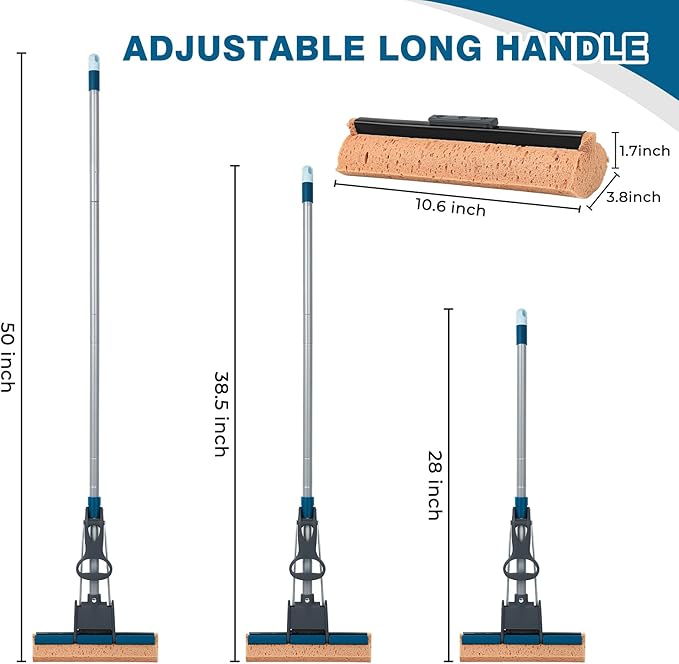 Sponge Mop for Floor Cleaning 50 Heavy Duty Roller Mop with 4 Cellulose Refill Heads Easy Self-Squeeze for Hardwood Tile Concrete Wall Ceiling