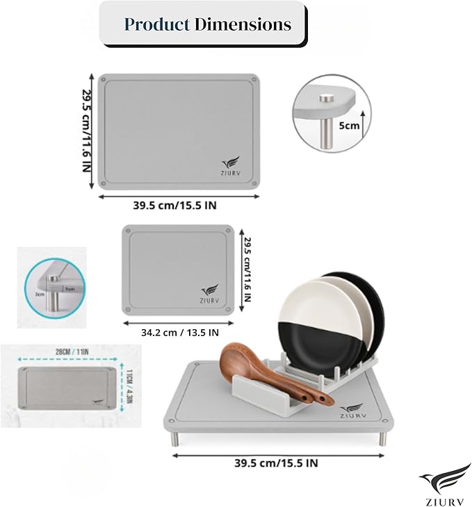 6 PCS Stone Drying Mat Set for Kitchen Counter 2 Large Diatomaceous Earth Dish Drying Mats with Stainless Steel Legs Dish Rack Soap Dispenser Set with Tray Quick Expandable System Dish Dryer Mat