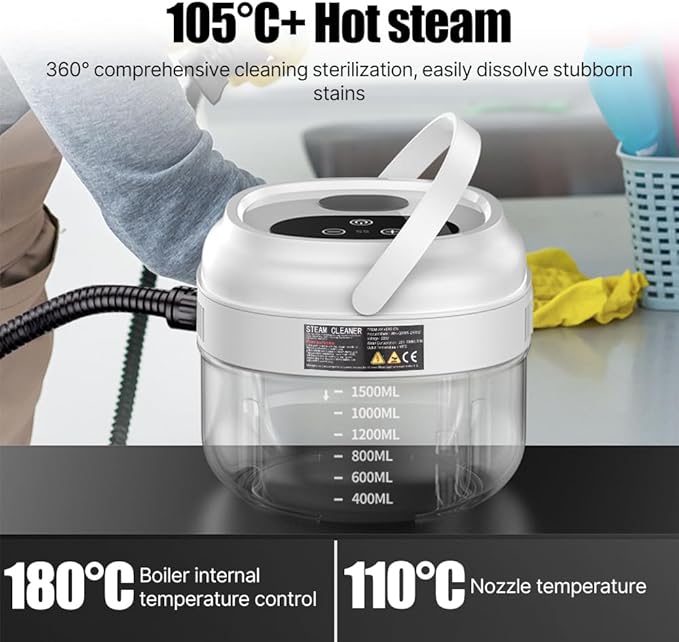 Pressurized Handheld Multi-Surface Steam Cleaner with 3 Brushes and Extended Rod for Home Portable DeepSteamer with 6 Gear Adjustable Digital Touch Screen 1500ml Water Tank for Kitchen