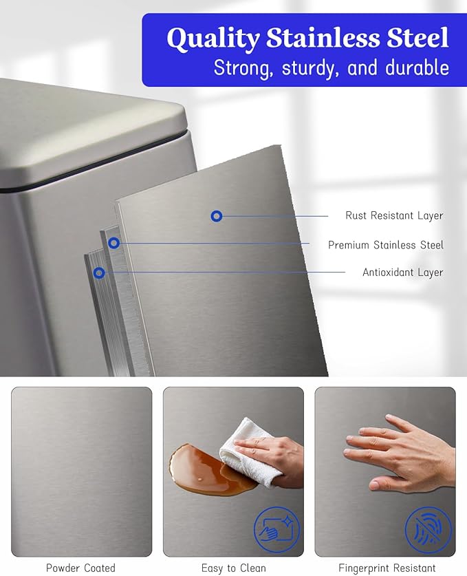 Bathroom Trash Can with Lid5 Liter / 1.3 Gallon Small Trash Can with Removable Liner Soft Close lid &amp Step Pedal Stainless Steel Trash Bin for BathroomBedroomHome Office Kohler Grey