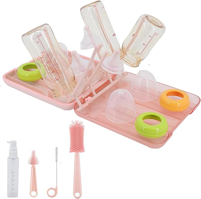 Portable Baby Bottle Brush Set Portable Bottle Drying Rack. Nipple Brush Straw Brush Soap Dispenser. Portable for Travel. Pink