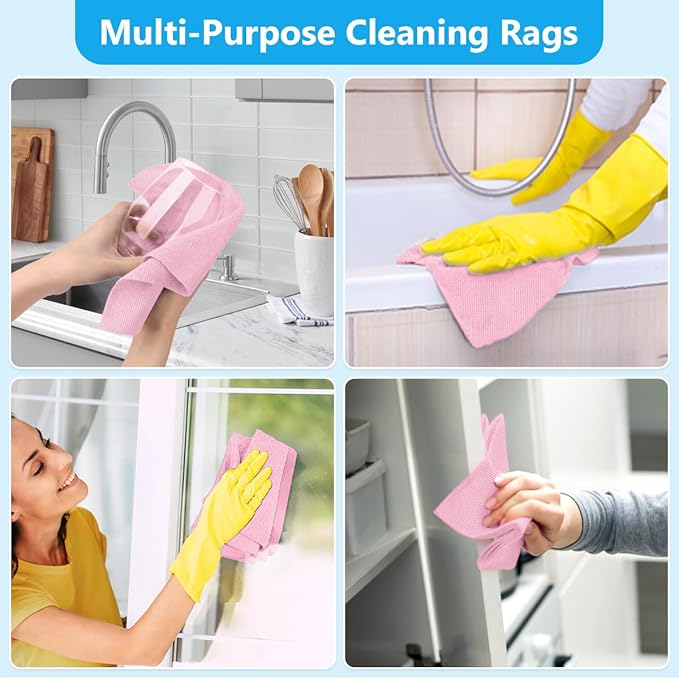 GLIMGLINT Pink Microfiber Cleaning Cloth 100 Pack Cleaning Rags Lint-Free Ultra Absorbent Reusable Paper Towels for Home Kitchen Car Garage or Shop Dish Rags 11 x 9