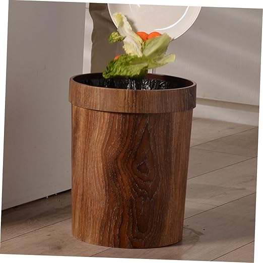 ABOOFAN Wood Grain Plastic Wastebasket Bathroom Trash Can Lid Press Ring Kitchen Garbage Can