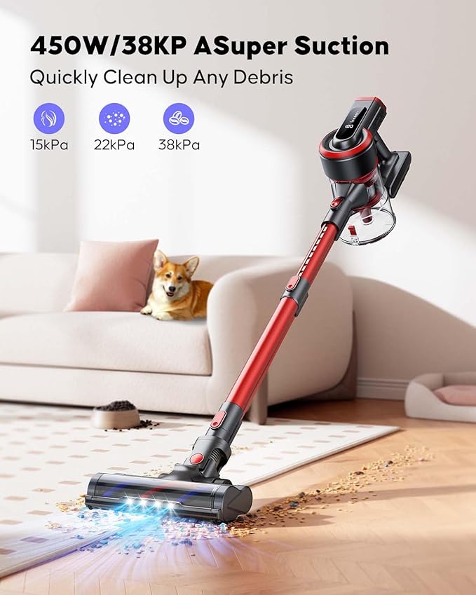 WLUPEL Cordless Vacuum Cleaner 38kPa Stick Vacuum Cleaner 450W Powerful Handheld Vacuum with LED Touch Display 55mins Runtime for Pet Hair Carpet and Hardwood Floor(Hero 8S)