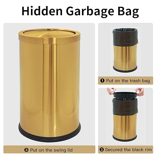 Brushed Gold Bathroom Trash Can with Swing Lid 4 GallonStainess Steel Garbage Can Trash Bin Wastebaskets for KitchenOfficeBedroomLiving Room(Gold 4 Gallon)