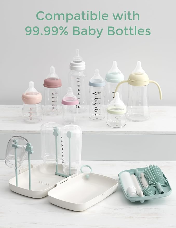 Momcozy Bottle Brush Set - Baby Bottle Cleaner Kit with Silicone Brush Nipple Brush Straw Brush Soap Dispenser Drying Rack - 7 in 1 Bottle Cleaning Tool for Home and Travel Green (Pack of 2)