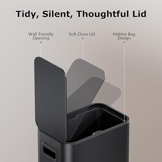 Small Bathroom Trash Can with Lid Soft Close 1.3 Gallon Garbage Can Step Pedal Stainless Steel Wastebasket Slim Trash Bin for Office Bedroom Toilet Live Room (Black)