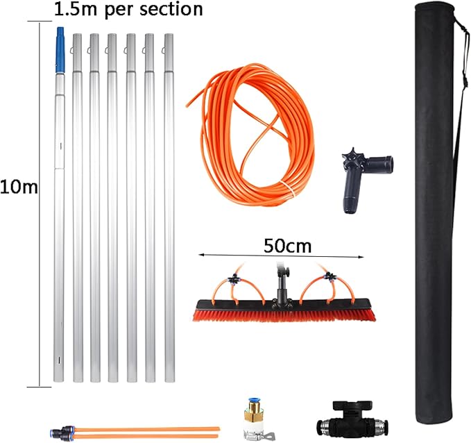 Window Cleaning Pole 3-12m Extendable Window Cleaning KitWindow Cleaning Pole with 20m Water Supply Hose30cm/50cm Brush HeadRoof Cleaning Tools