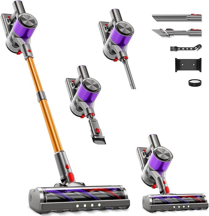 KIKETECH Cordless Vacuum Cleaner with Self-Standing Lightweight Powerful Suction VacuumLED Screen Stick Vacuum Cleaners for Home for Pet Hair Carpets Hardwood Floors (Light Yellow)